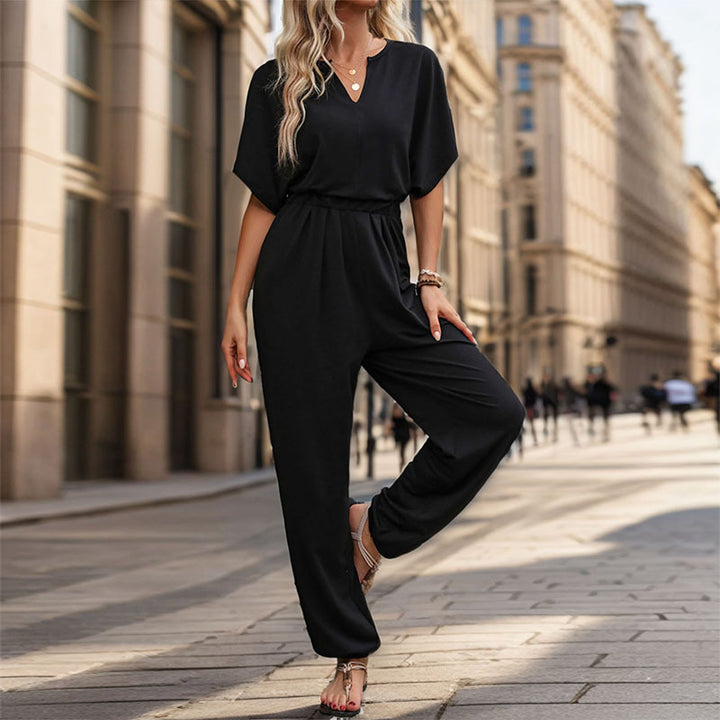 Damen Lässiger Jumpsuit mit Taillen-Smock, kurzem Fledermausärmel und elastischem Knöchelabschluss Drune