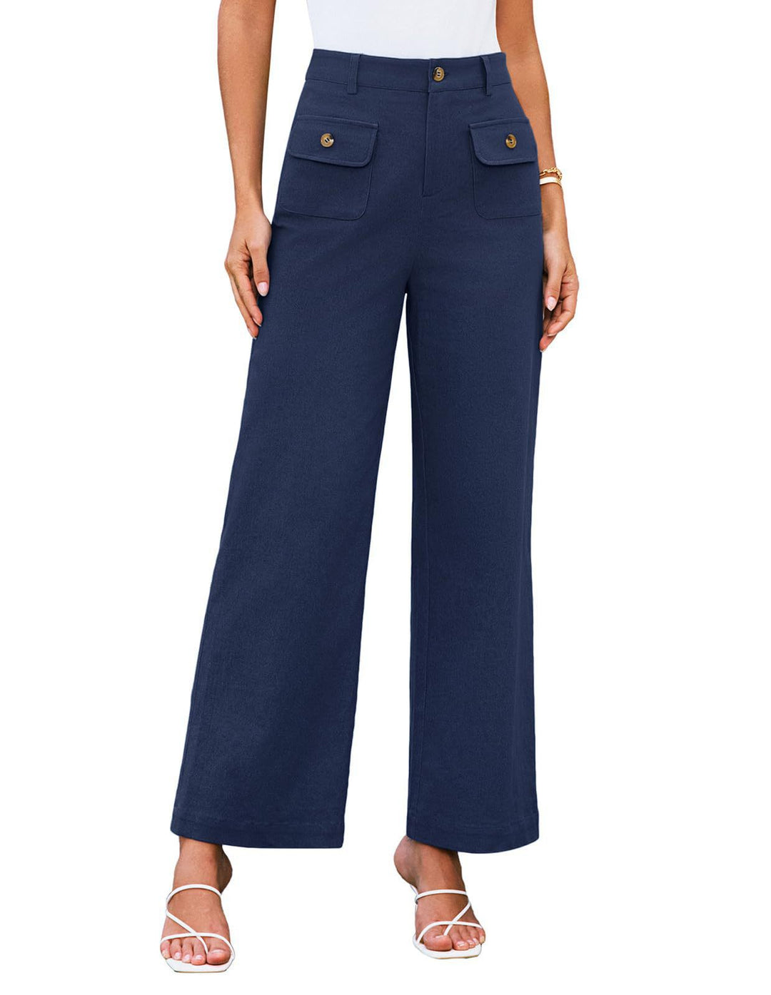 Hochtaillierte Damen-Trousers mit weitem Bein und Knopfklappen-Pattentaschen Drune
