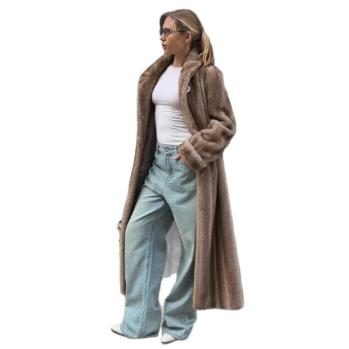 Damen Maxi Kunstpelz-Mantel mit breitem Umlegekragen und weitem Schnitt Drune