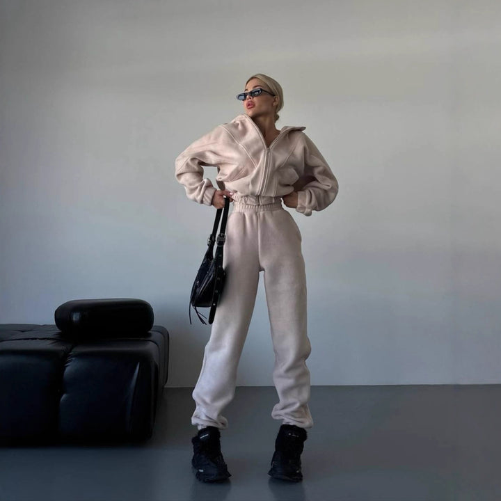 Damen Fleece-Jogginganzug mit modischem Stehkragen und praktischen Taschen Drune