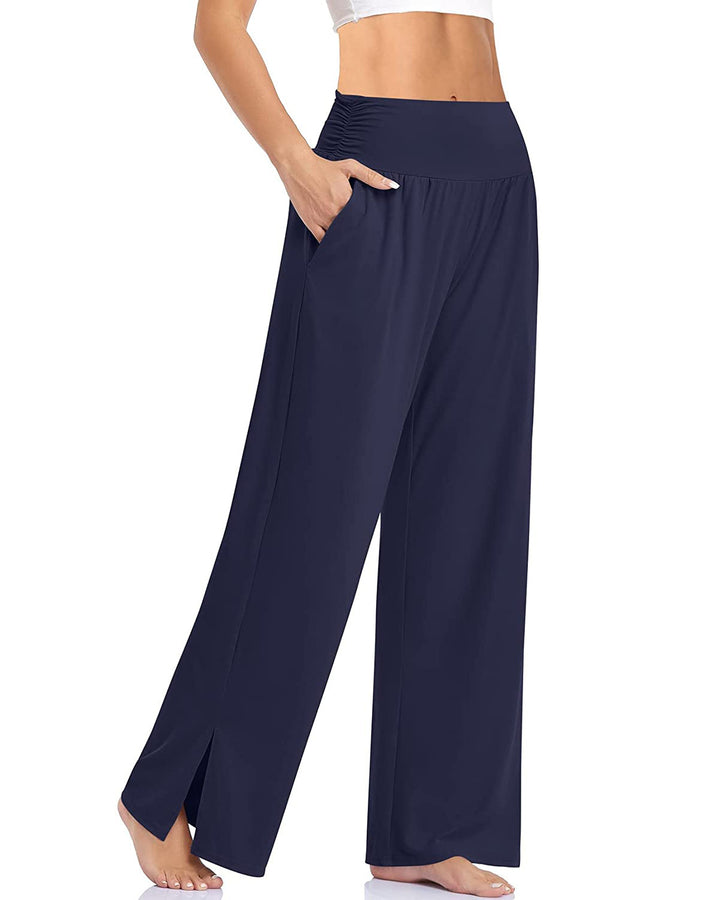 Damen nan weite Yogahose mit hohem Komfortbund, seitlichen Eingrifftaschen und seitlichem Bein-Schlitz Drune