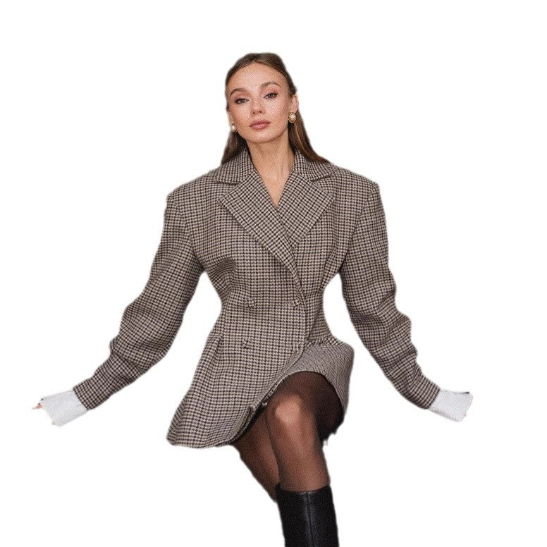 Damen Eleganter Karoblazer mit doppelter Knopfleiste Drune