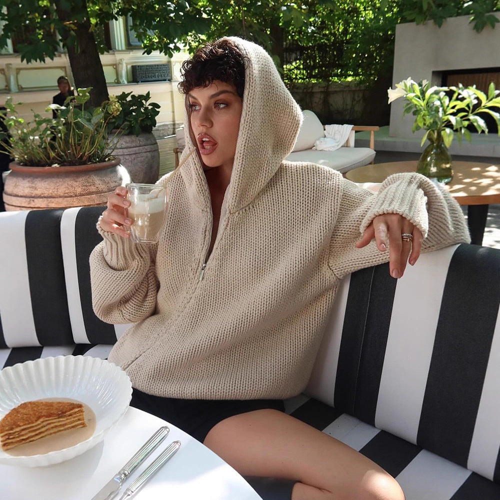 Damen Oversize Kapuzen-Strickcardigan mit Reißverschluss Drune