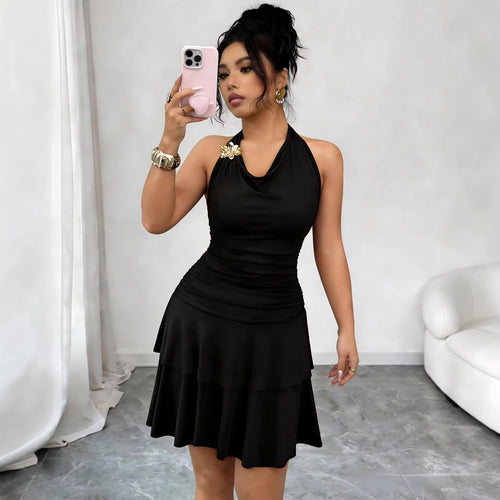 Damen nan Halter-Midikleid mit Wasserfall-Ausschnitt, taillierter Raffung und stufenweisem Volantrock Drune