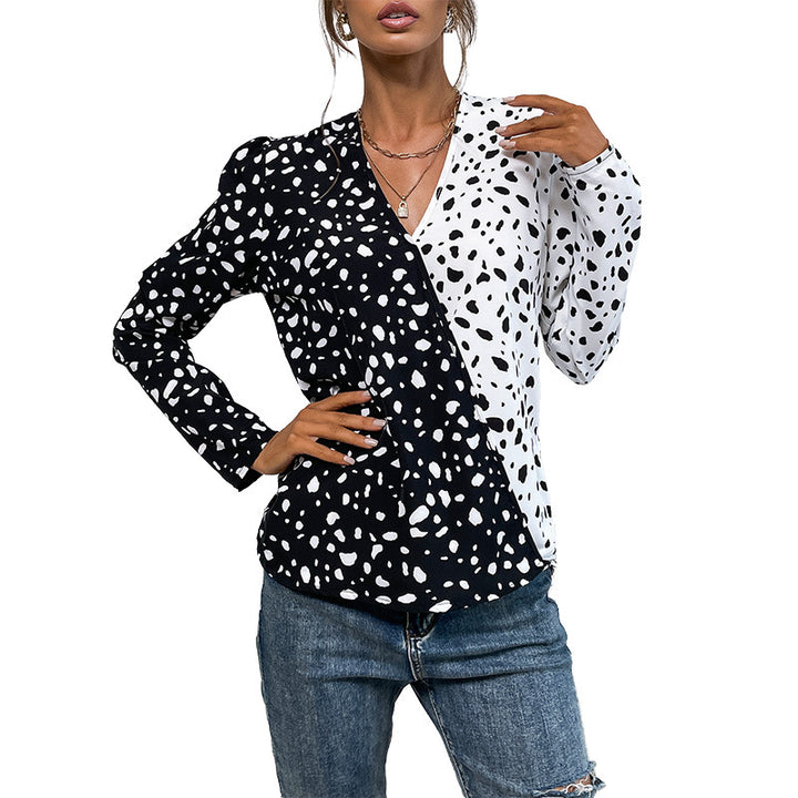 Damen Leichte Langarm-Bluse mit diagonaler Zweifarben-Optik und Tupfenmuster Drune