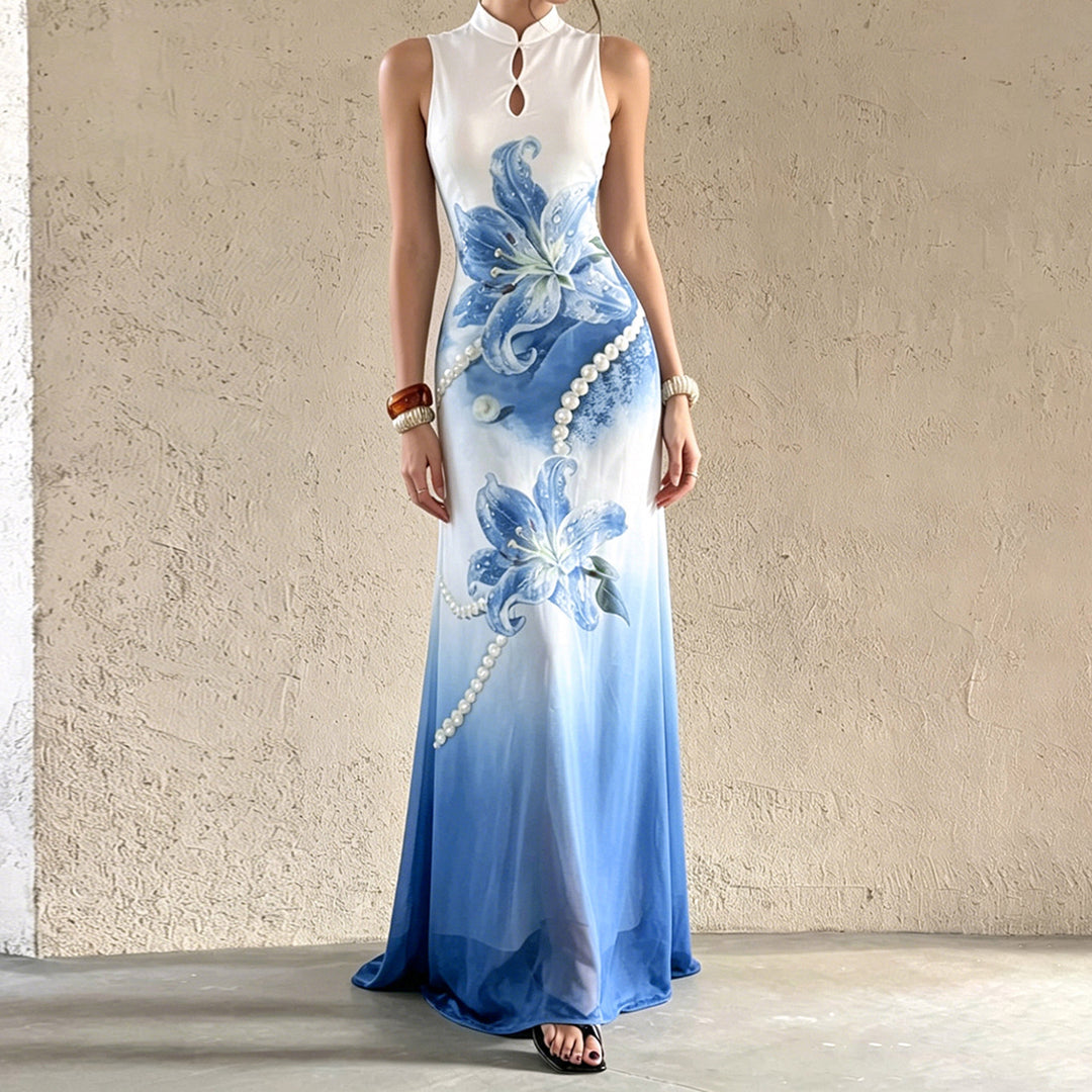 Damen Maxi-Kleid mit floralen Akzenten und elegantem Rundhalsausschnitt Drune