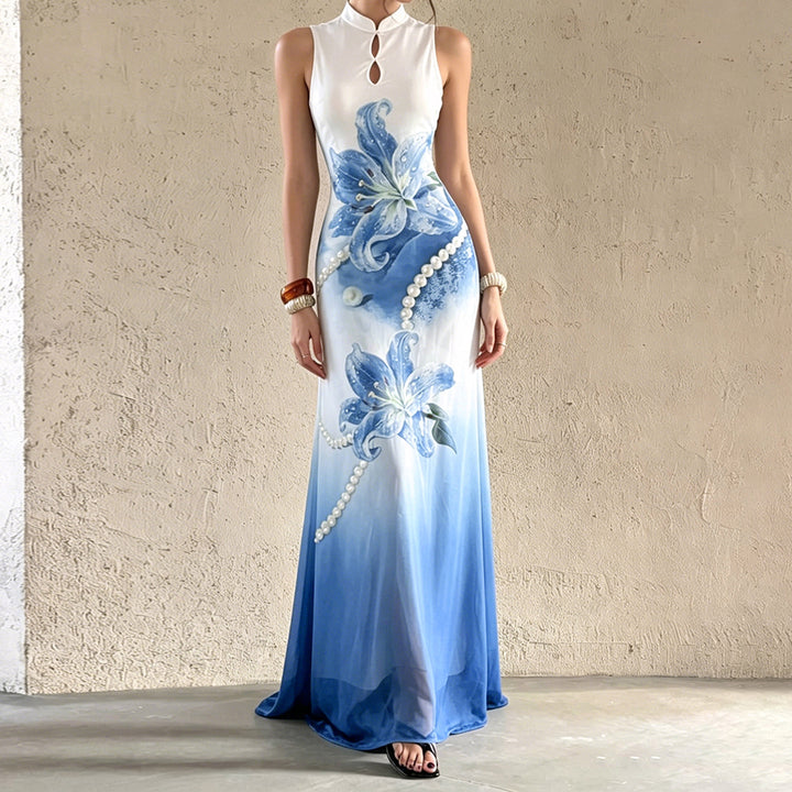 Damen Maxi-Kleid mit floralen Akzenten und elegantem Rundhalsausschnitt Drune
