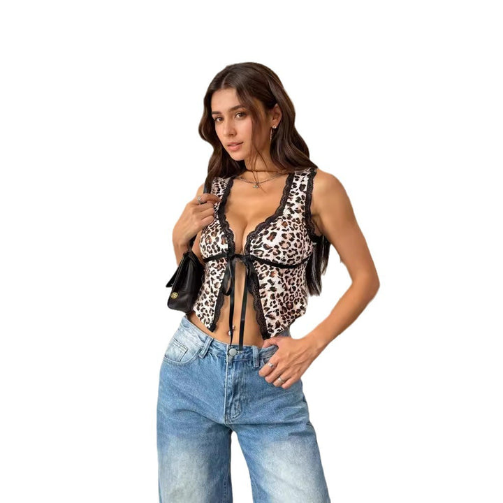 Damen Sexy Animal-Print Oberteil mit Spitzenakzenten und Schleifenbindung Drune