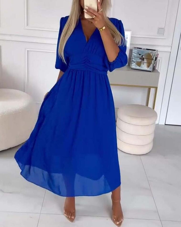 Damen Chiffon Maxi Kleid mit V-Ausschnitt, Rüschengesäß und 3/4 Ärmeln Drune
