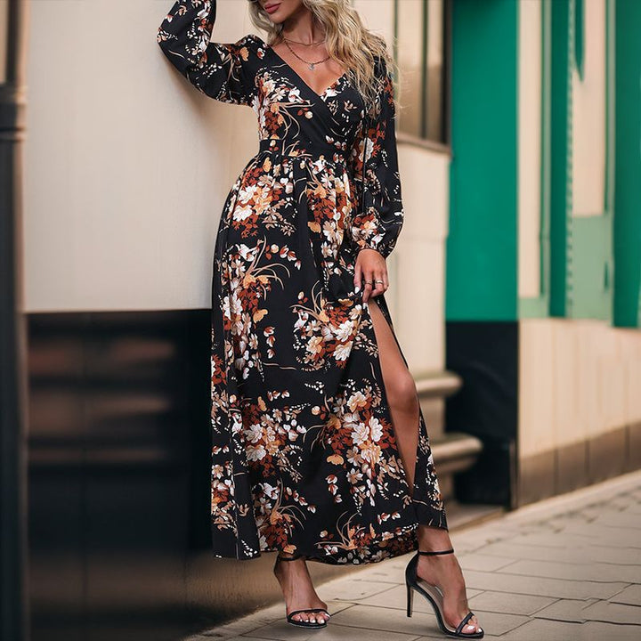 Damen Floral Maxikleid mit V-Ausschnitt und Rüschendetails Drune