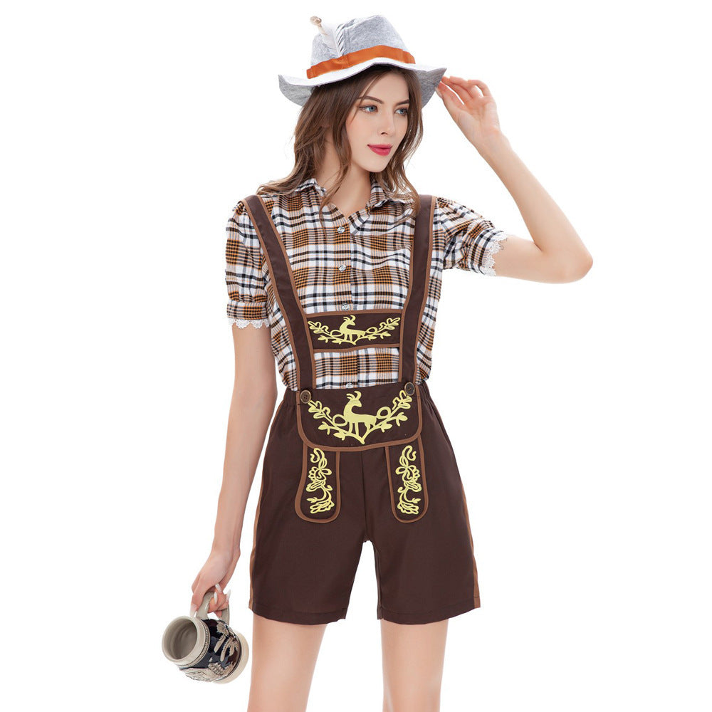 Damen Trachten-Latzhose mit kariertem Oberteil und dekorativer Stickerei Drune