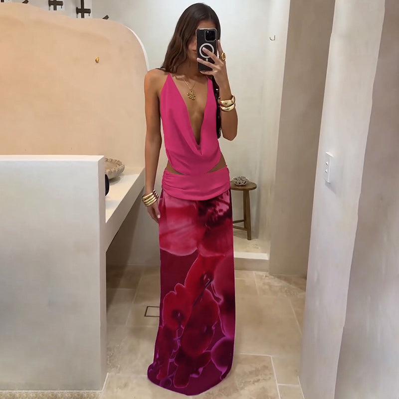 Damen Boho Maxikleid mit raffiniertem Oberteil und floraler Drapierung Drune