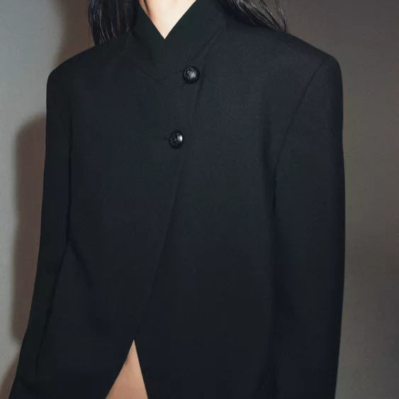Damen Asymmetrischer Kurzblazer mit Stehkragen und dekorativen Knöpfen Drune