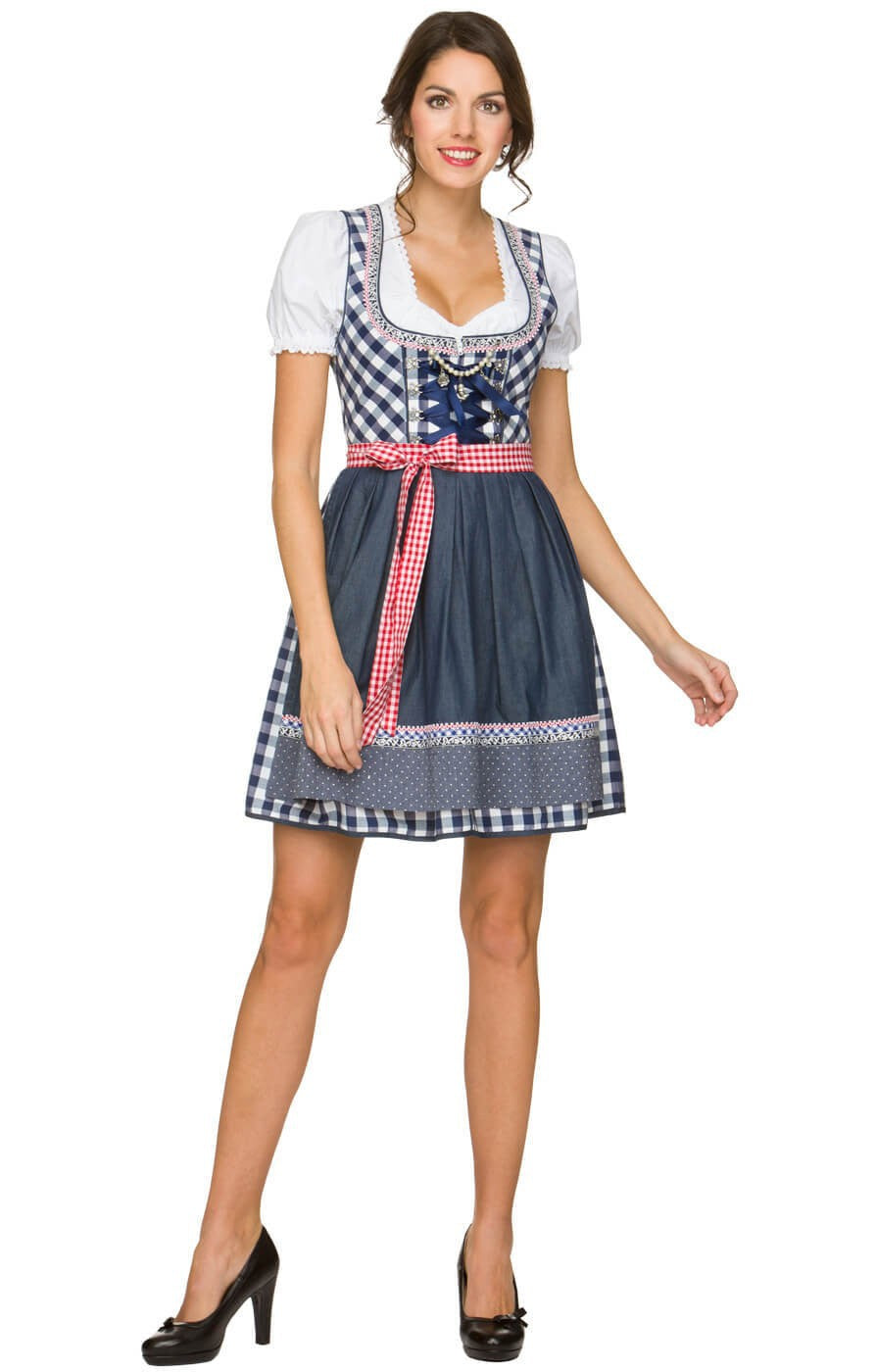 Damen  kurzes traditionelles Trachten Dirndl mit Herzausschnitt Schnürkorsett und karierter Schürze Drune