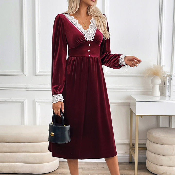 Damen Elegantes Samtkleid mit Spitzenakzenten und Knopfdetails Drune