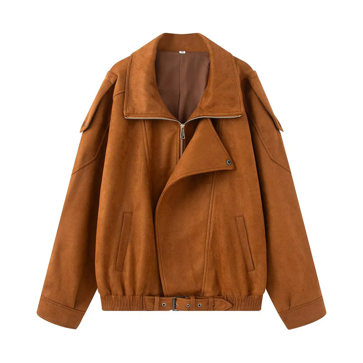 Damen nan oversized Blousonjacke im Veloursoptik mit breitem Schalkragen, Tunnelzugbund und Gürtel Drune