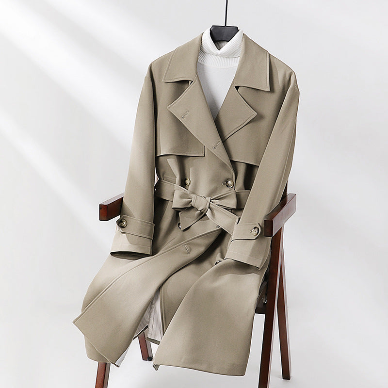 Damen Langer taillierter Trenchcoat mit weitem Schalkragen und Bindegürtel Drune