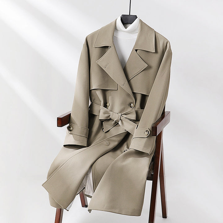Damen Langer taillierter Trenchcoat mit weitem Schalkragen und Bindegürtel Drune