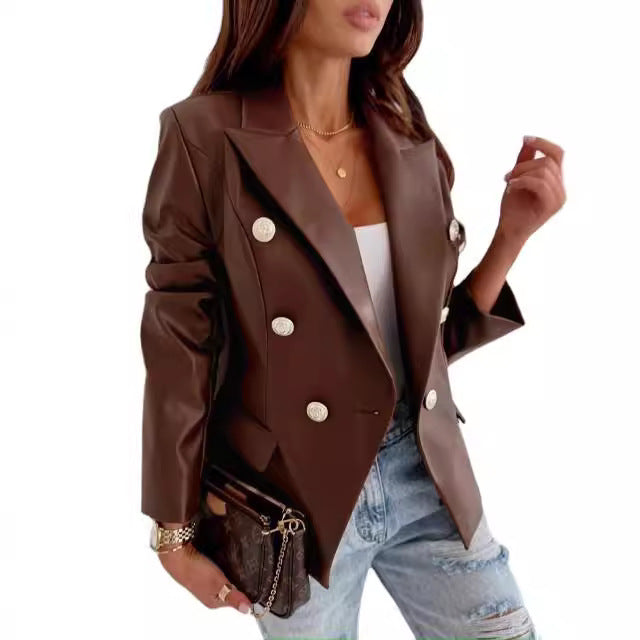 Damen eleganter Kunstleder Blazer mit doppelter Knopfleiste Drune