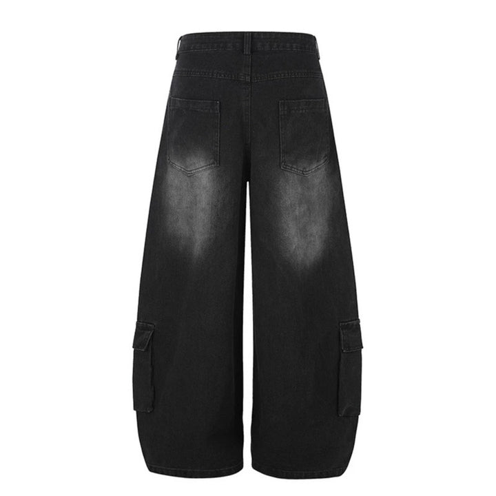 Damen Hochgeschnittene weite Cargo-Palazzo-Jeans mit großen aufgesetzten Taschen und Vintage-Waschung Drune