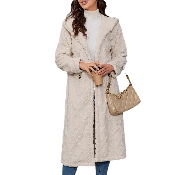 Damen Fluffy Mantel mit Kapuze und Knopfverschluss Drune