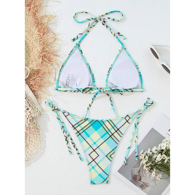 Damen Triangel-Bikini mit modischem Karomuster und verstellbaren Trägern Drune