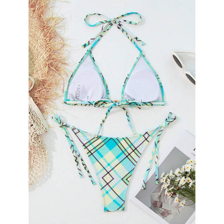 Damen Triangel-Bikini mit modischem Karomuster und verstellbaren Trägern Drune