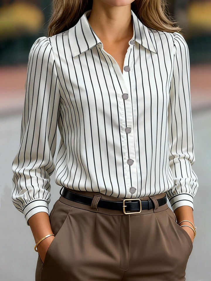 Damen Elegant gestreifte Bluse mit klassischem Kragen und modischen Puffärmeln Drune