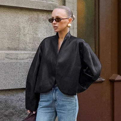 Damen modische Cropped Jacke mit voluminösen Ärmeln Drune