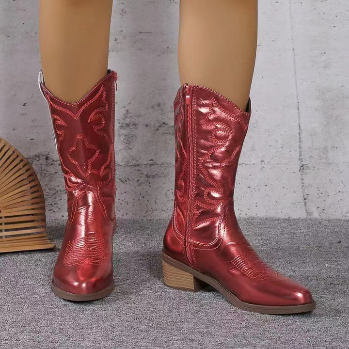 Damen Cowboystiefel mit raffiniertem Muster und stabilen Blockabsatz Drune