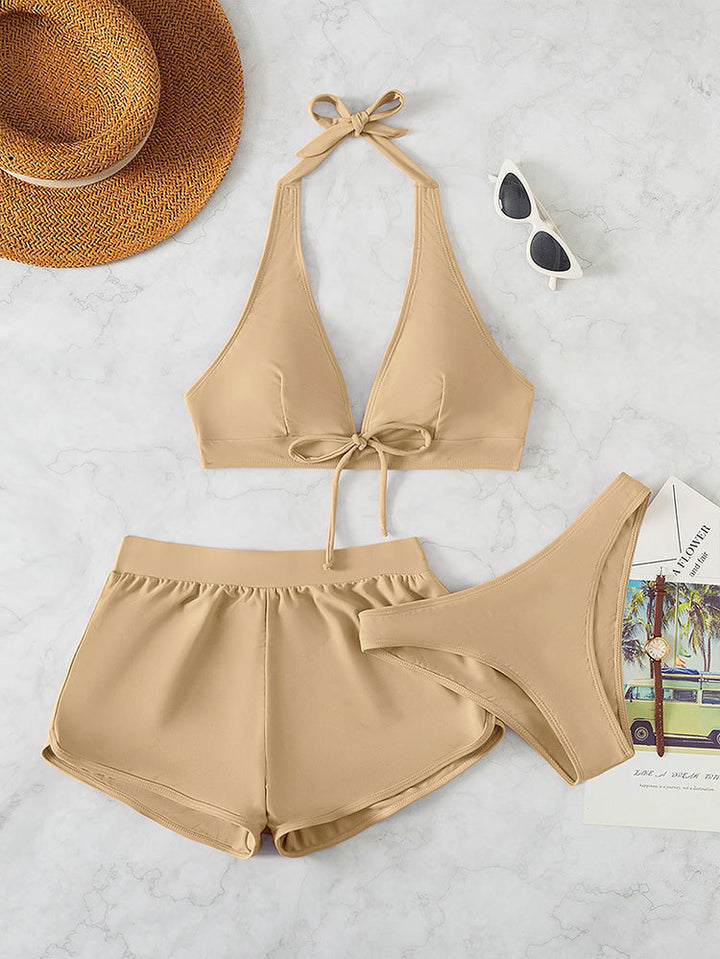 Damen Sportliches Bikini-Set mit hochgeschlossenem Oberteil und lässigen Shorts Drune