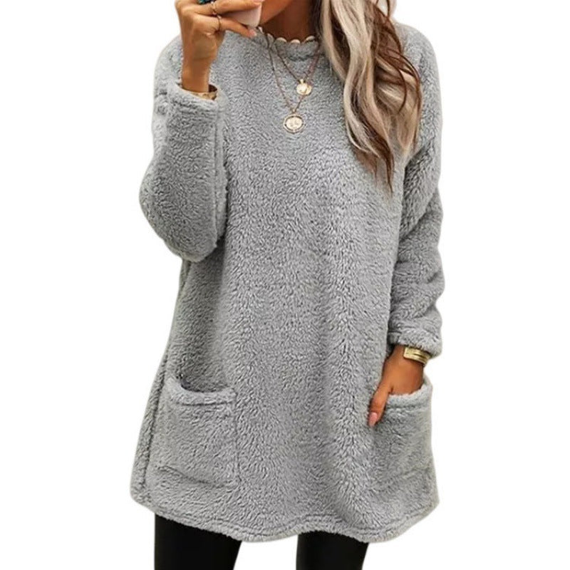 Damen nan kuscheliger langer Teddy-Pullover Oversize mit Rundhalsausschnitt und Eingrifftaschen Drune