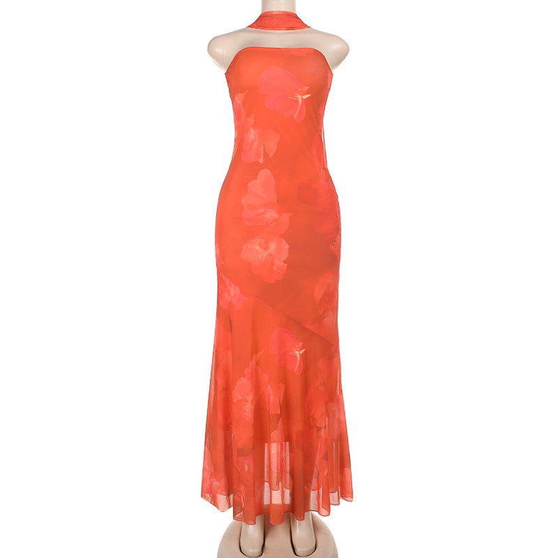 Damen Elegantes Blumenmaxikleid mit Halterneck und fließendem Stoff Drune