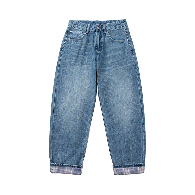 Damen High‑Waist Relaxed‑Fit Jeans mit weitem Bein, umgeschlagenem Saum und karierter Innenfutter Drune