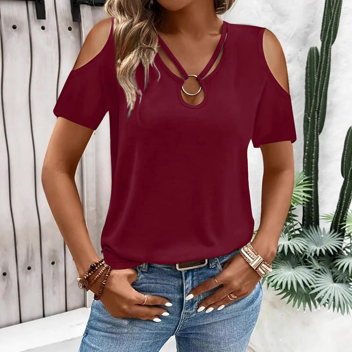 Damen modisches Kurzarmshirt mit offenen Schultern und dekorativem Ring Drune