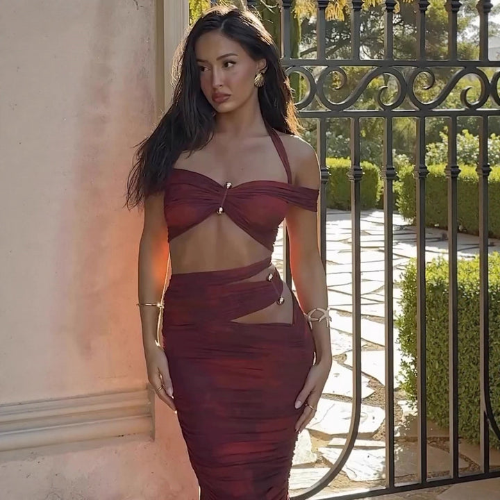 Damen Crop-Top und Maxi-Rock Set mit raffiniertem Rüschen-Design Drune