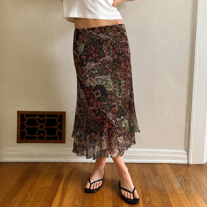 Damen Chiffon-Midirock mit mehrlagigem Volant, Paisley-Print und Zipfelsaum Drune