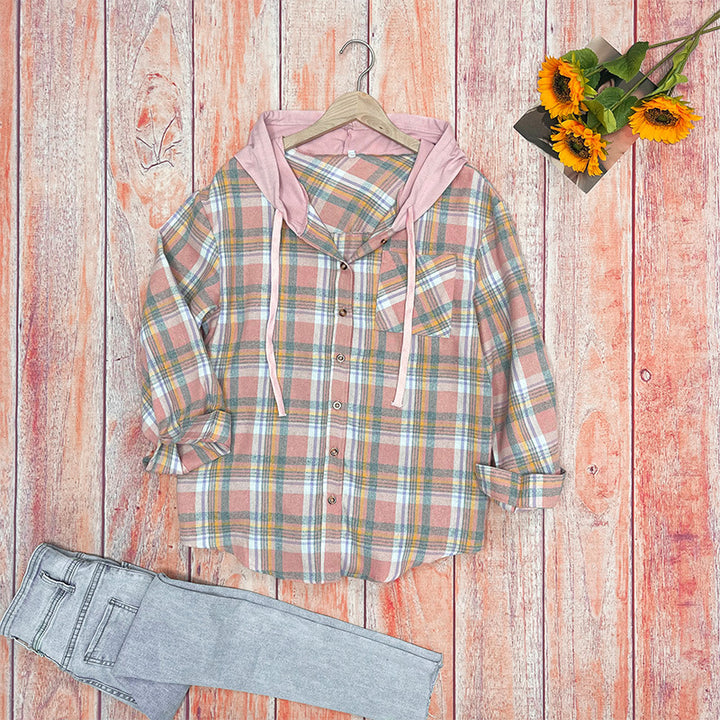 Damen nostalgische Karobluse mit Kapuze und Knopfverschluss Drune