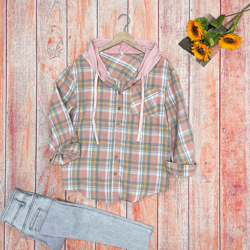 Damen nostalgische Karobluse mit Kapuze und Knopfverschluss Drune