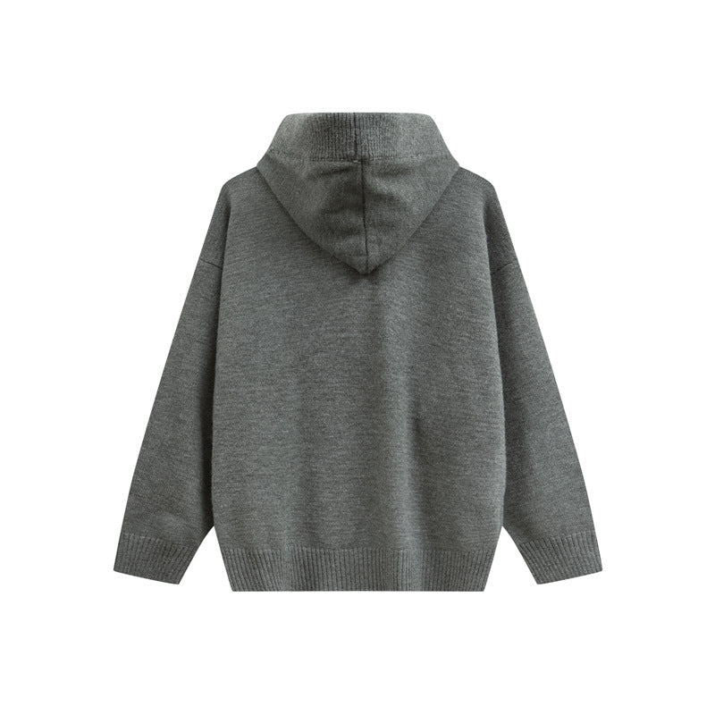 Damen Oversize Kapuzenstrickpullover mit halber Knopfleiste und Rippbündchen Drune