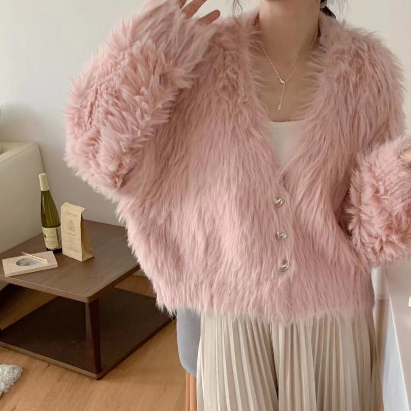 Damen Flauschiger Cardigan mit Herzknöpfen Drune