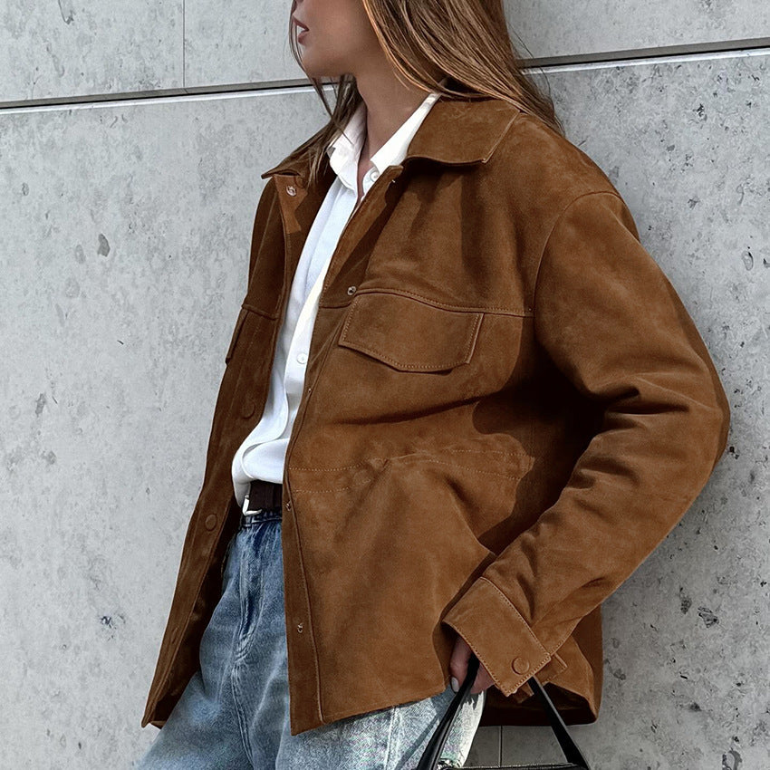 Damen Modische Suede-Jacke mit Taillierung und praktischen Pattentaschen Drune
