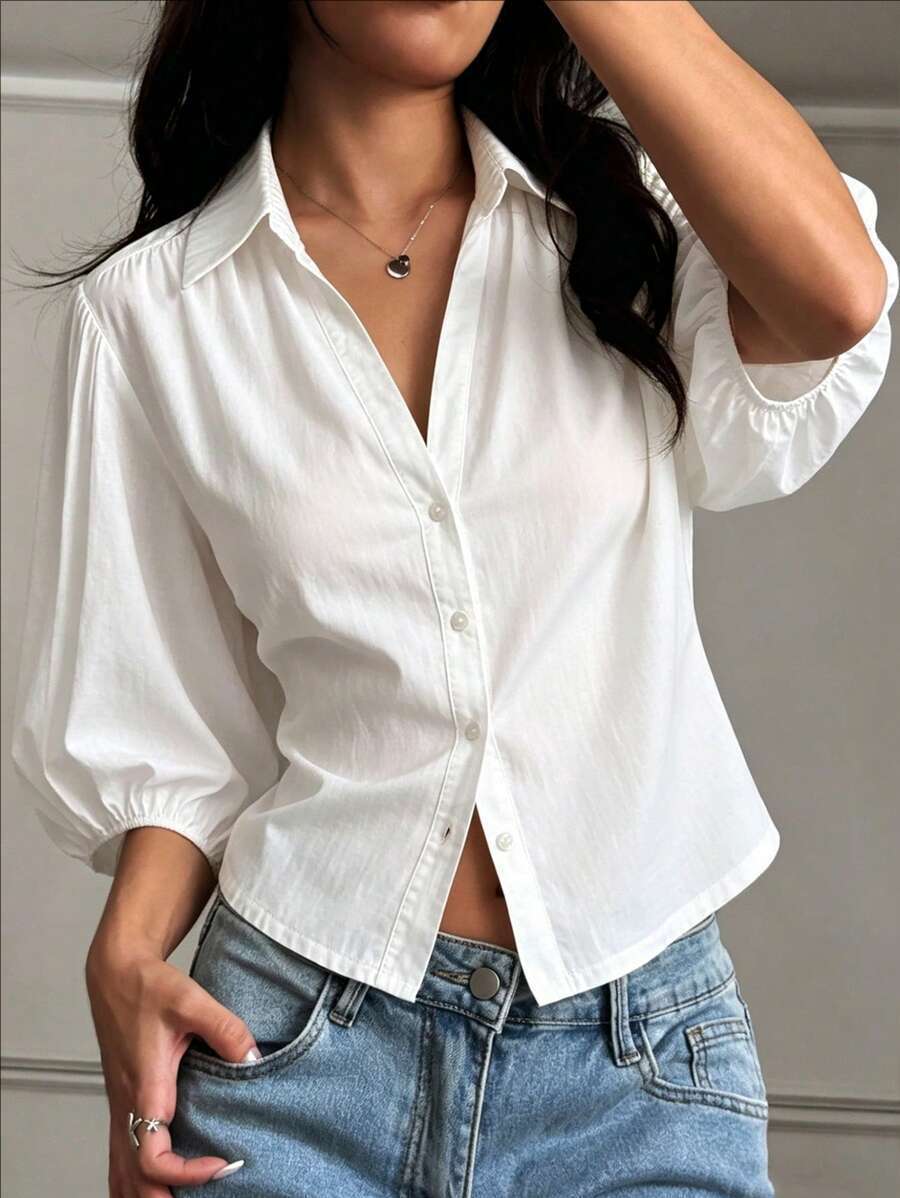 Damen Bluse mit Puffärmeln und klassischem Kragen Drune