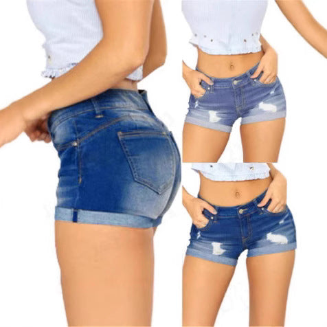 Damen lässige Destroyed Jeans-Shorts mit umgeschlagenem Saum Drune