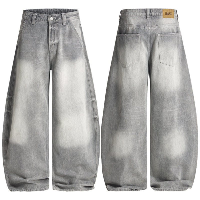 Herren Bodenlange Oversized-Denim-Palazzohose mit verwaschener Fade-Optik und tiefem Schritt Drune