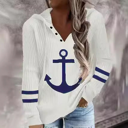 Damen Maritimes Kapuzen-Tunika-Shirt mit großem Ankerprint und Crinkle-Struktur Drune
