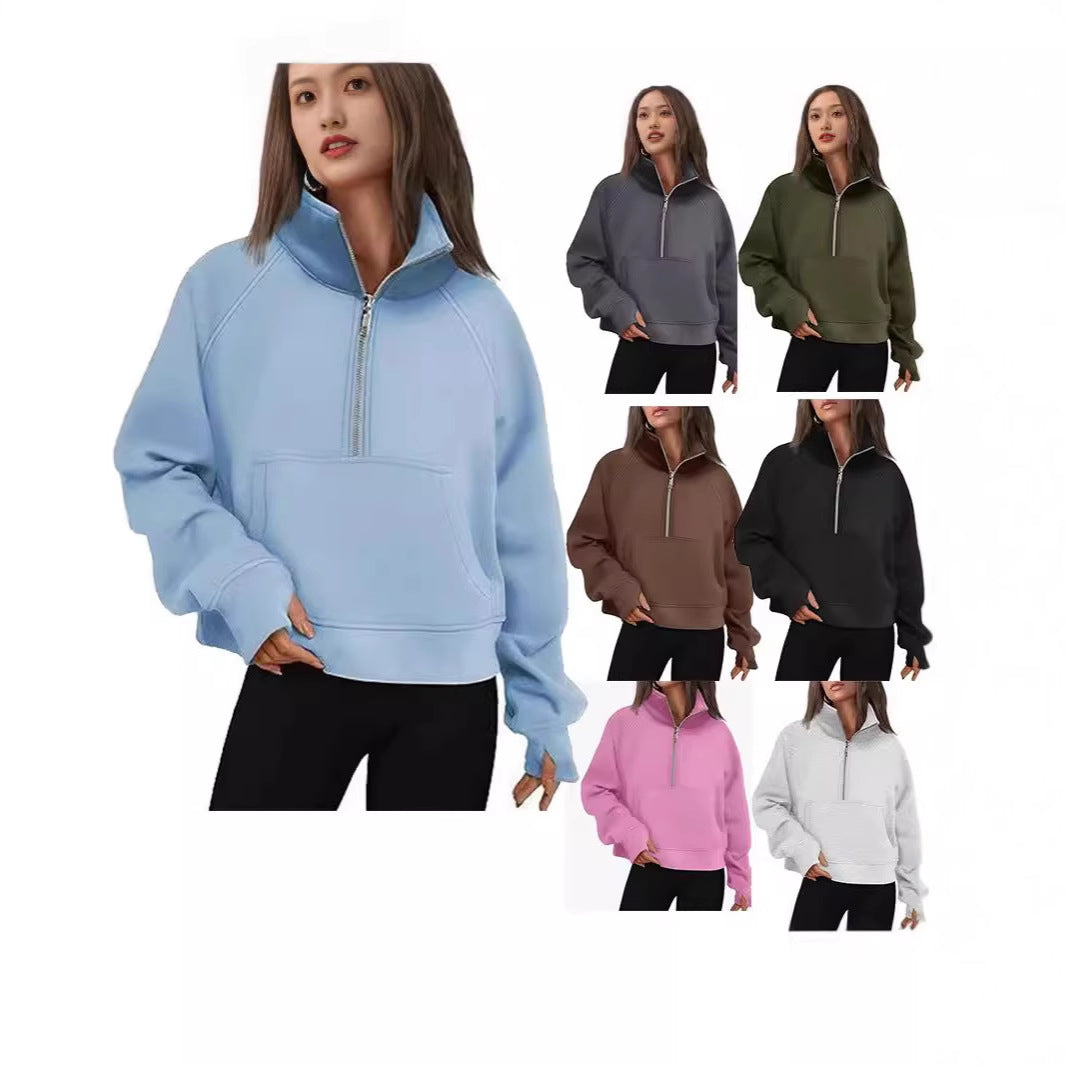Damen nan kurzer Halfzip-Sweater mit hohem Stehkragen, Kängurutasche und verlängerten Daumenlöchern Drune