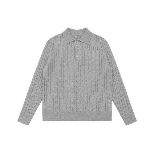 Unisex Grobstrick-Polokragen-Pullover mit Zopfmuster und halber Knopfleiste Drune