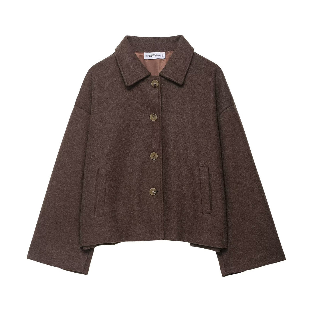 Damen nan kurze kastige Wolljacke mit Hemdkragen, durchgehender Knopfleiste und eingesetzten Eingrifftaschen Drune