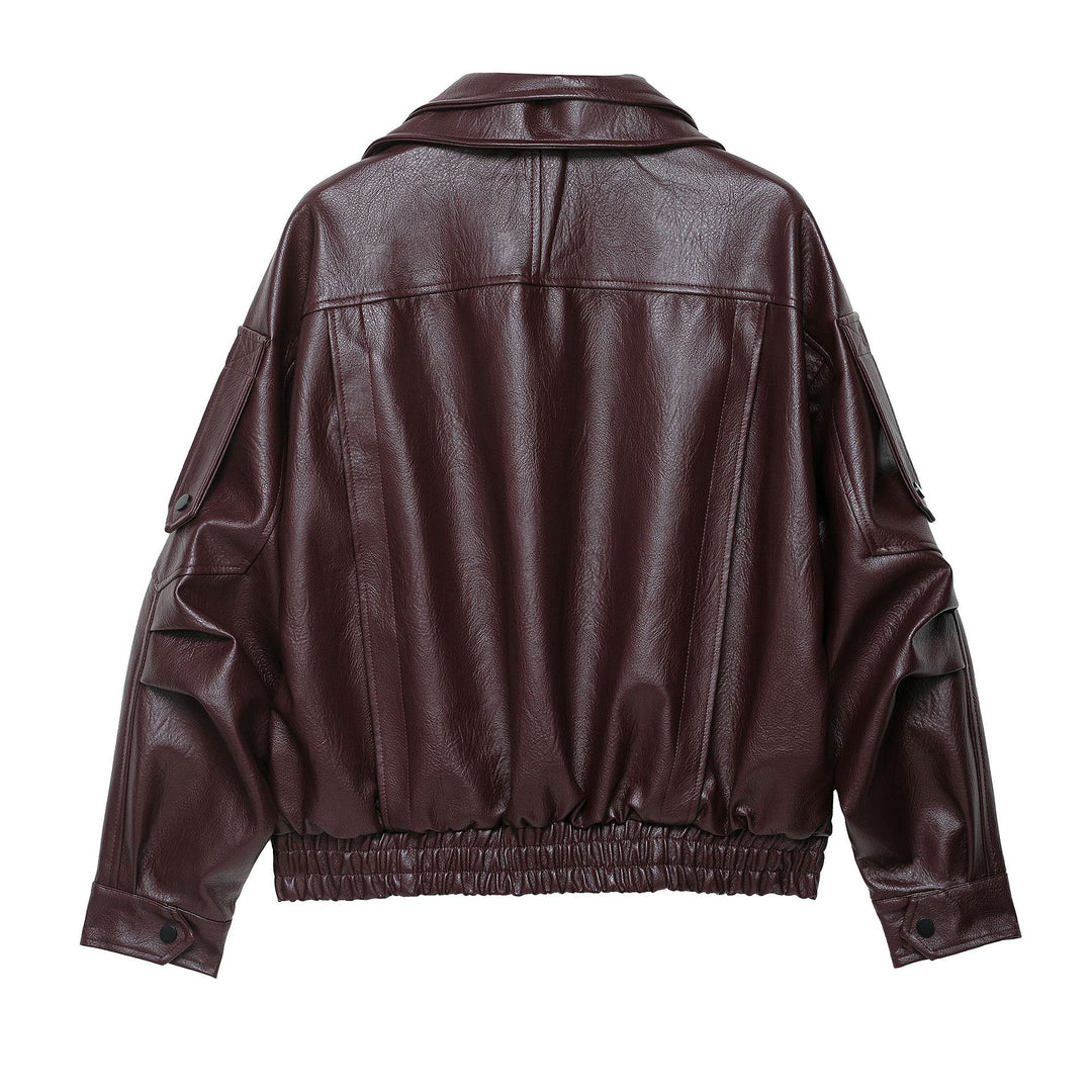 Damen modische Kunstlederjacke mit elegantem Schnitt und verstellbarem Taillengürtel Drune